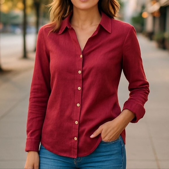 Talbots Pure Irish Linen Button Down Shirt Solid Burgundy Red Womens - Picture 1 of 6